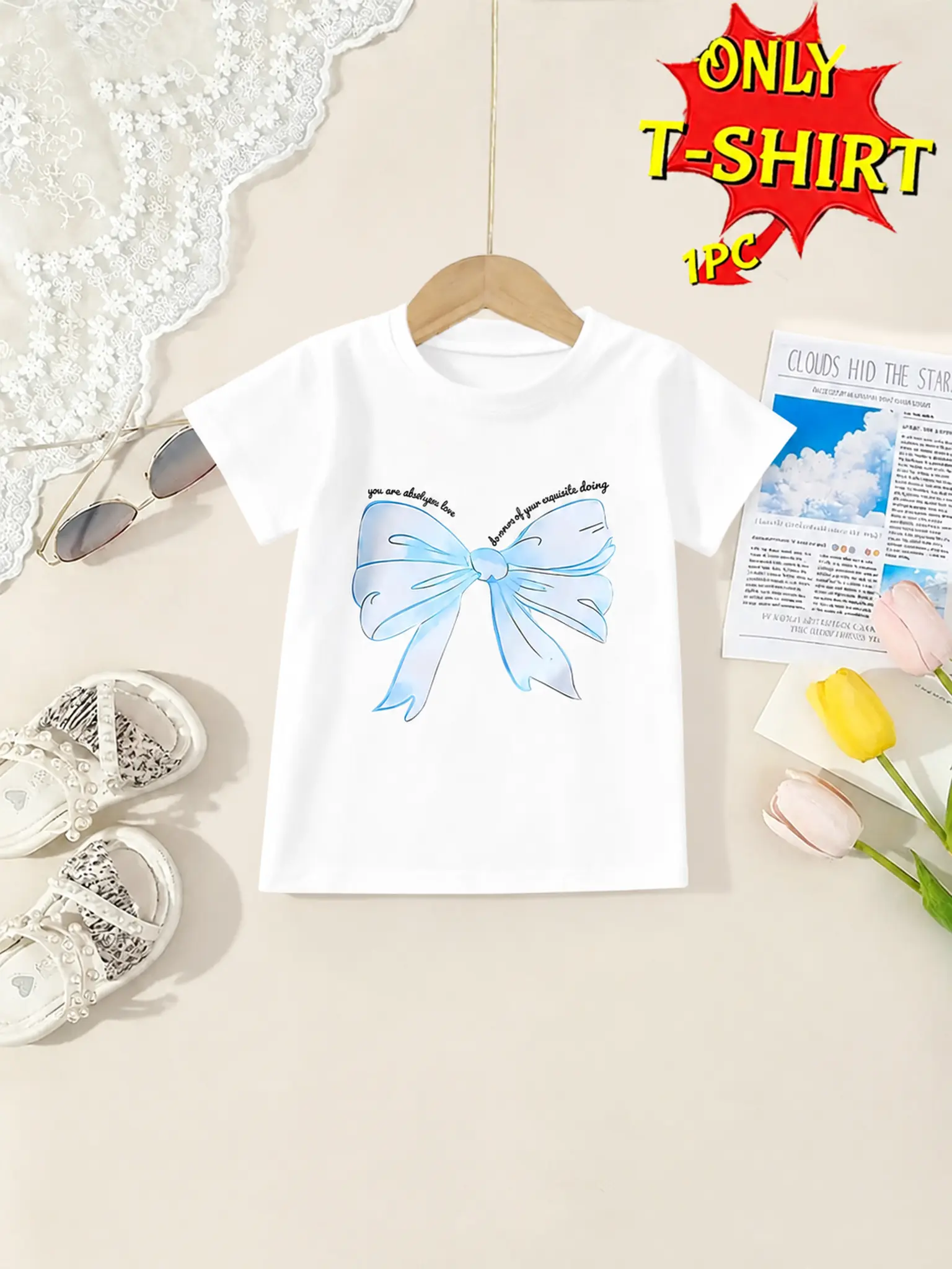 PUEMCO Toddler Girls' Cotton Short Sleeve Crew Neck Graphic Tee (T-Shirt Only) - Gradient Blue Bow Print, Quote Letter, Lightweight Printed Top, All Seasons Casual Toddler Graphic Tees