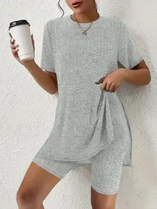 Women's Basic Solid Color Knit Top & Shorts Two-piece Fitted Set, Casual Short Sleeve T-shirt & Skinny Shorts for Daily Wear, Ladies Summer Clothes Womenswear