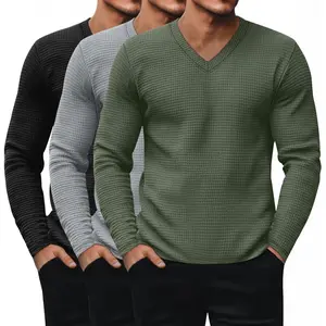 3 Pack Men's Waffle Thermal Long Sleeve Shirts V Neck Underwear Tops Casual Knit Undershirts Pullover Sweaters