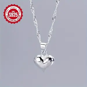 Trendy S925 Silver Heart Pendant Necklace Minimalist Design Perfect for Casual Style