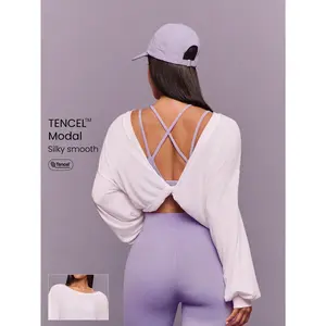 GLOWMODE TENCEL™ Modal Silky Smooth Twist Open Back Design Lantern Cuffs Fitted Hem Long-Sleeve Top Daily Casual Wear