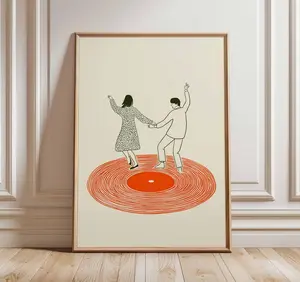 Dancing Couple Unframe Poster, Retro Record Player Poster, Modern Music Inspired Illustration for Home Bar or Living Room