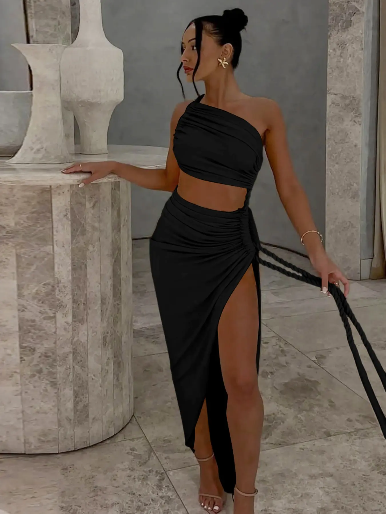 one shoulder holiday dresses Sheath Bridesmaid Dresses One Shoulder Leg Slit main image 0