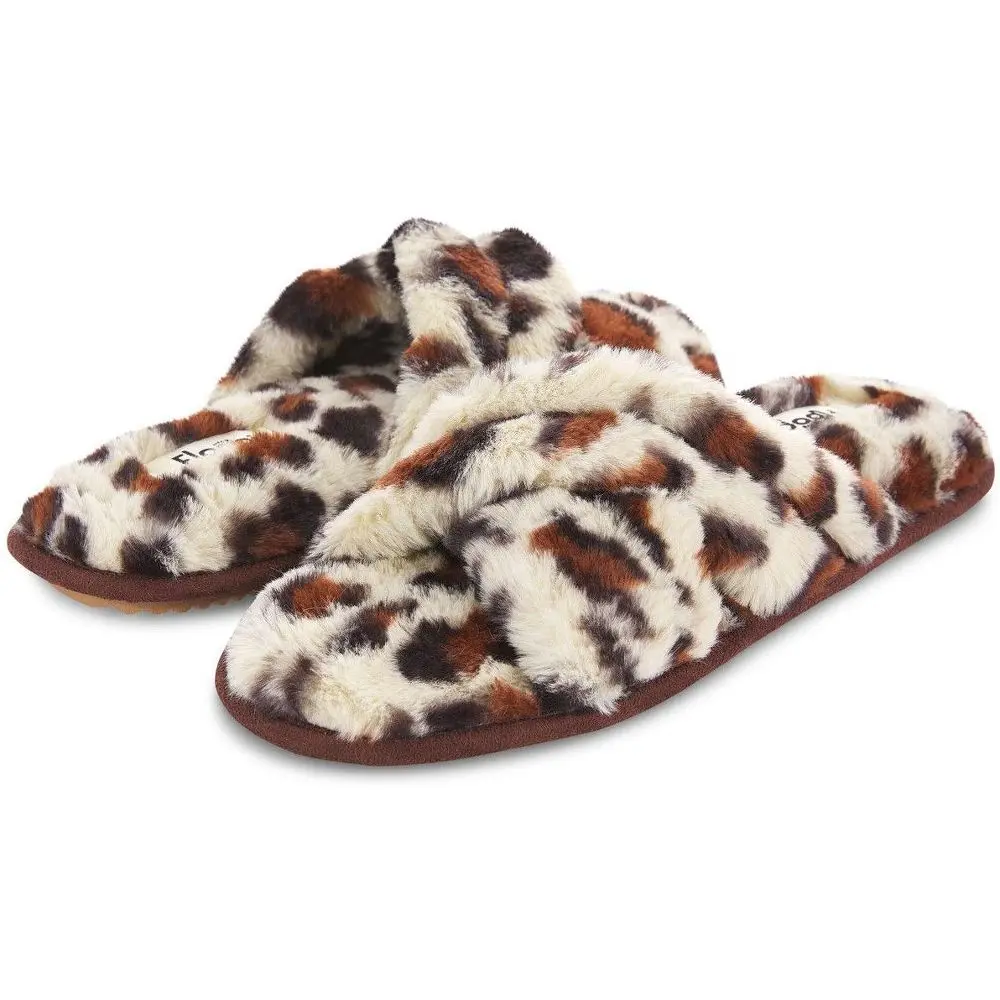 FLOOPi Women's Morgan Faux Fur Slippers, Soft Slip On Crossband Slides with Plaid Trim, Indoor-Outdoor Rubber Sole, Cozy Wear, Chic