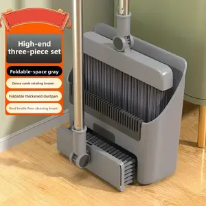 3-in-1 Rotating Broom and Dustpan Set, Soft Bristles for Hardwood & Tile Floors | Long Handle Stand-Up Combo, Space Saving Storage, Easy Home Cleaning Kit (Gray)