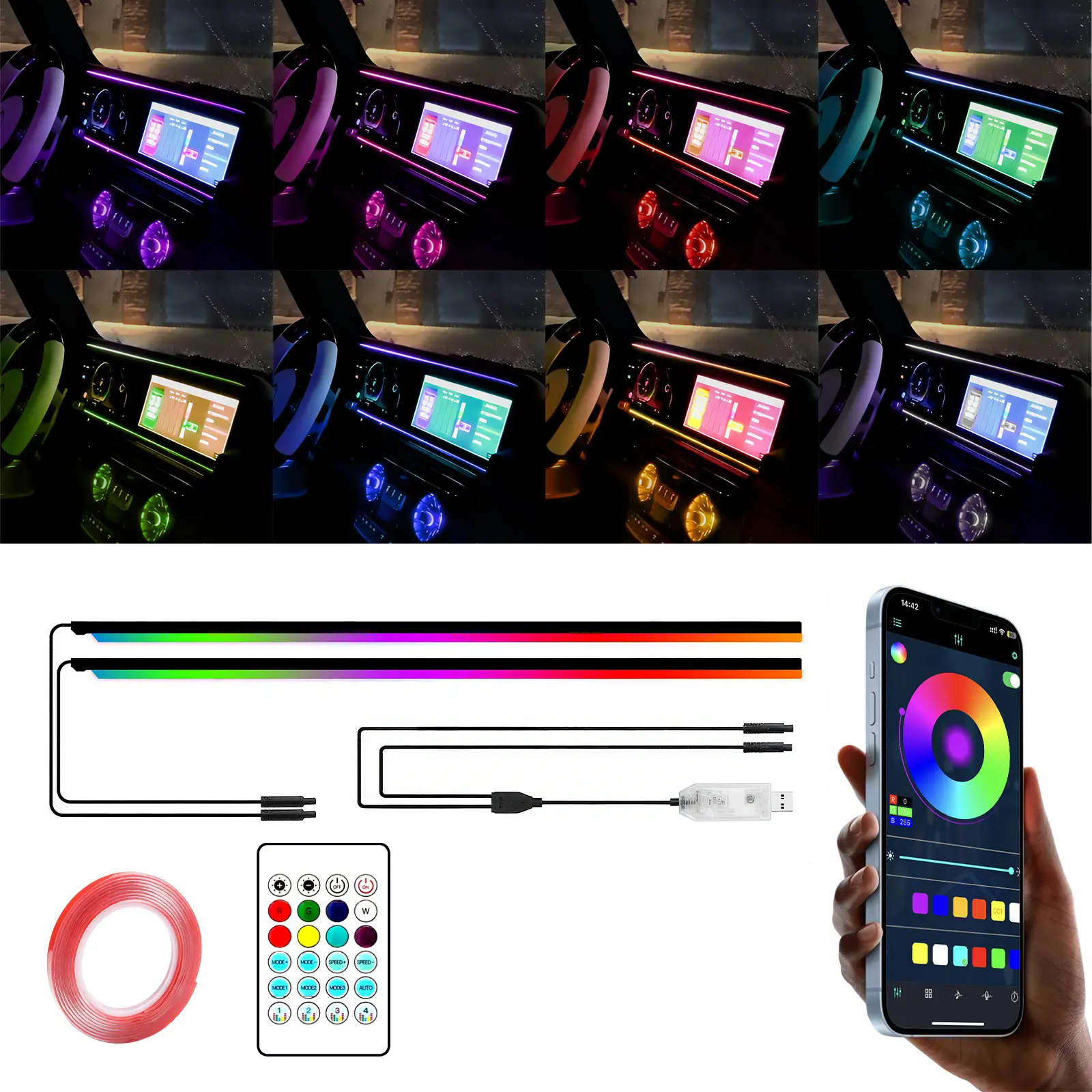 43.3in 2-in-1 Flexible Modern Car LED Acrylic Light Strip, RGB Color-Changing Automotive Decorative Lights, Remote & App Control, Dashboard/Door Interior Lighting for Most Cars