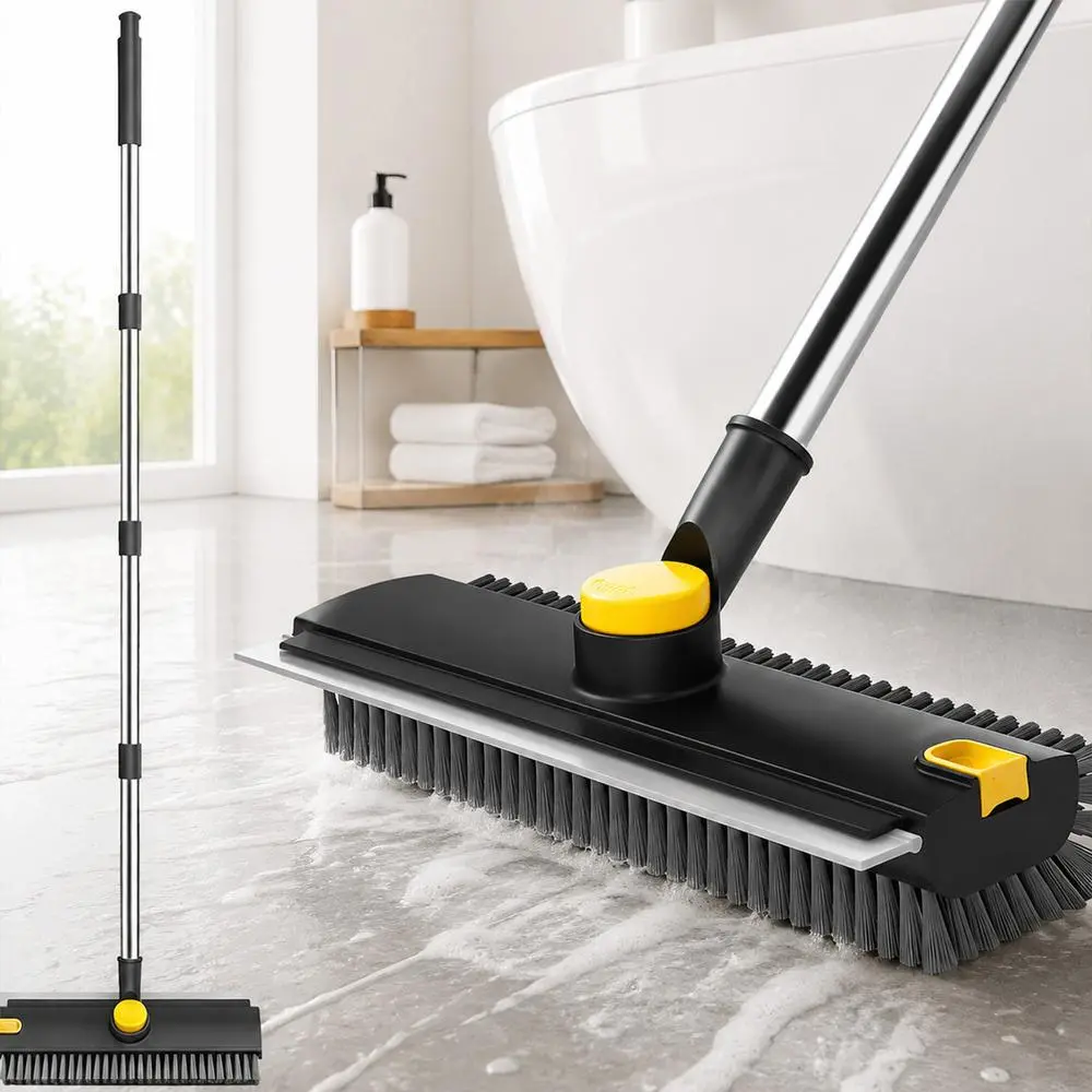 3-in-1 Bathtub Floor Cleaning Scrub Brush with Long Extendable Adjustable Pole, Anti-Wear Premium Hard Bristles & Integrated Squeegee, Scrub & Wipe Dual Action Cleaner for Shower Room, Garage, Black&Yellow