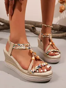 Boho Beaded Wedge Sandals for Women, Summer New Straw Woven Thick Sole Ethnic Style Beach Shoes, Fashionable and Comfortable