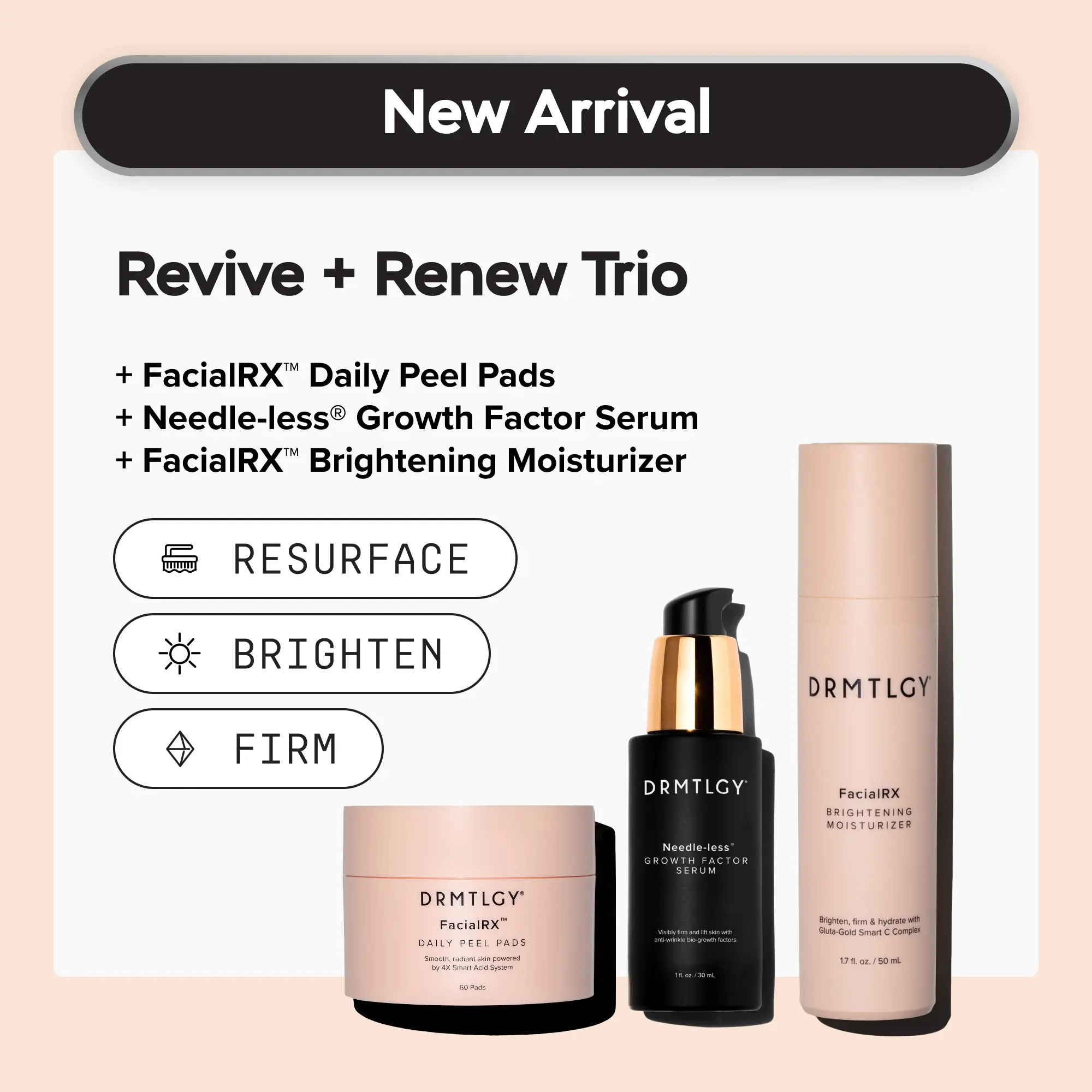 Revive + Renew Trio: Includes Needle-less Growth Factor Serum, FacialRX Brightening Moisturizer, and FacialRX Daily Peel Pads. Visibly Brightens, Firms, and Lifts Skin
