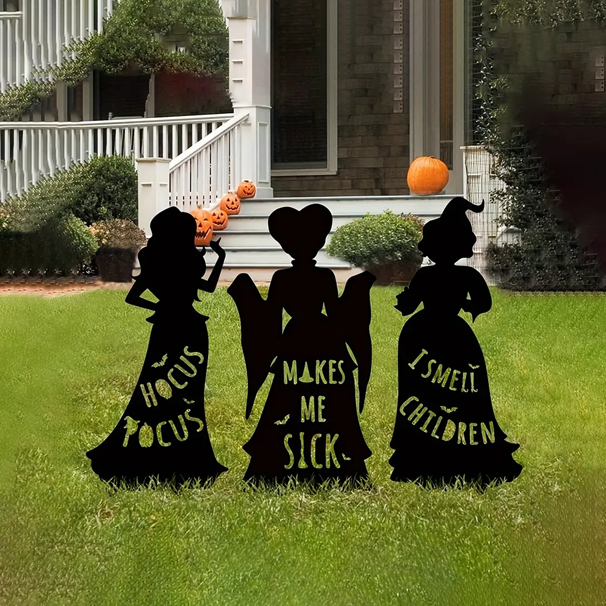 3-Piece Halloween Witch Silhouette Garden Stakes Set, Hocus Pocus & I Smell Youngsters Phrases, Outdoor Decorations, Party Decor, Party Decor Supplies