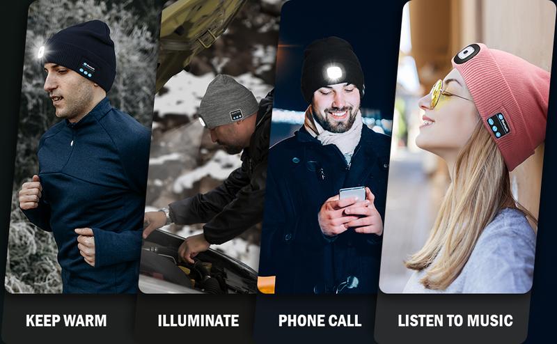 Bluetooth Beanie with a Light, Unisex USB Rechargeable 4 LED Fashlight Hat with Cordless Headphones, Unique Christmas Birthday Gifts for Men Him Husband Teen Black