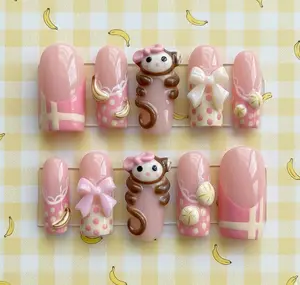Kawaii Monkey Press On Nails, Pink Polka Dot, Handmade Cartoon Nail Art
