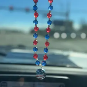 USA Flag Rear View Mirror Beaded Charm with Glass Pendant and Spring Clasp Patriotic Car Accessory