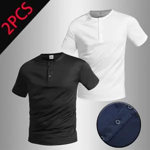 Henley Collar Textured Short Sleeve Casual Tee - 2 Pack