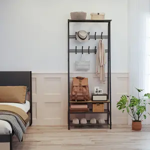 Entryway Hall Tree with Storage, Coat Rack Shoe Bench with 10 Hooks, 4-in-1 Metal Frame Hallway Organizer, Freestanding Industrial Accent Furniture for Living Room Bedroom, Rustic Brown