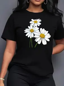 Baju T-Shirt Wanita Lengan Pendek Selesa dengan Corak Tiga Bunga Daisy, T-Shirt Sukan Wanita, T-Shirt Bercorak, Atasan Wanita