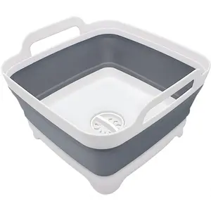 Collapsible Dish Basin 2.4 Gal 9L with Drain Plug Foldable Space-Saving Dishpan Sink Tub for Camping, RV, Kitchen, Vegetable Washing & Outdoor Use, Portable Multiuse Storage Tray, Durable Gray