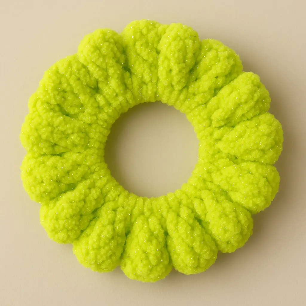Cherie's Crochets Jumbo Lime Green Crochet Scrunchie Sparkly Handmade Hair Tie for Bun or Ponytail Extra Plush Velvet Yarn Summer Gift for Her Beach & Gym Hair Accessory Cute Matching Pet Set Option Oversized Statement Scrunchy Seaside Sunday
