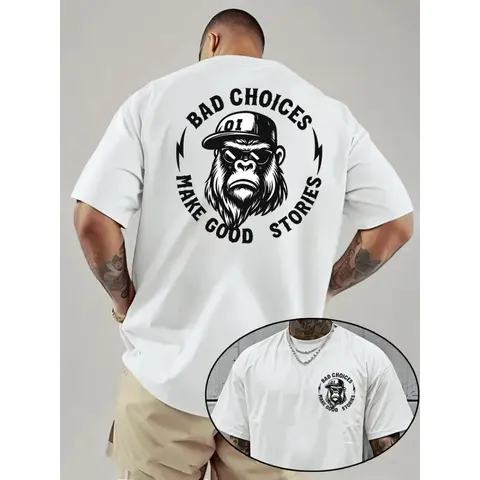 Men's Unisex Crew Neck Fabric T-Shirt - Bad Choices Make Good Stories Chimpanzee Print, Simple Soft Apparel, All-Season Comfort, Heavyweight 100% Cotton Short-Sleeve Sport Top for Outdoor Activities