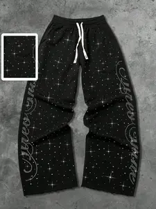 Men's Rhinestone-Embellished Wide-Leg Sweatpants, Sparkling Y2K Rhinestone Streetwear Casual Trousers, Casual Loose Pants, Casual Chic Bottoms