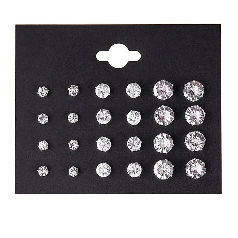 12 Pairs Cubic Zirconia Stud Earrings Set Unisex Stainless Steel Hypoallergenic Multi Size Sparkling Round CZ Earring Pack for Sensitive Ears, White Stud, Flat Back Earrings