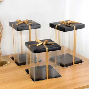 Large Transparent Cake Gift Box 20/28cm PVC Clear Rose Bear Packaging Box Birthday Party Wedding Cake Dessert Present Decoration