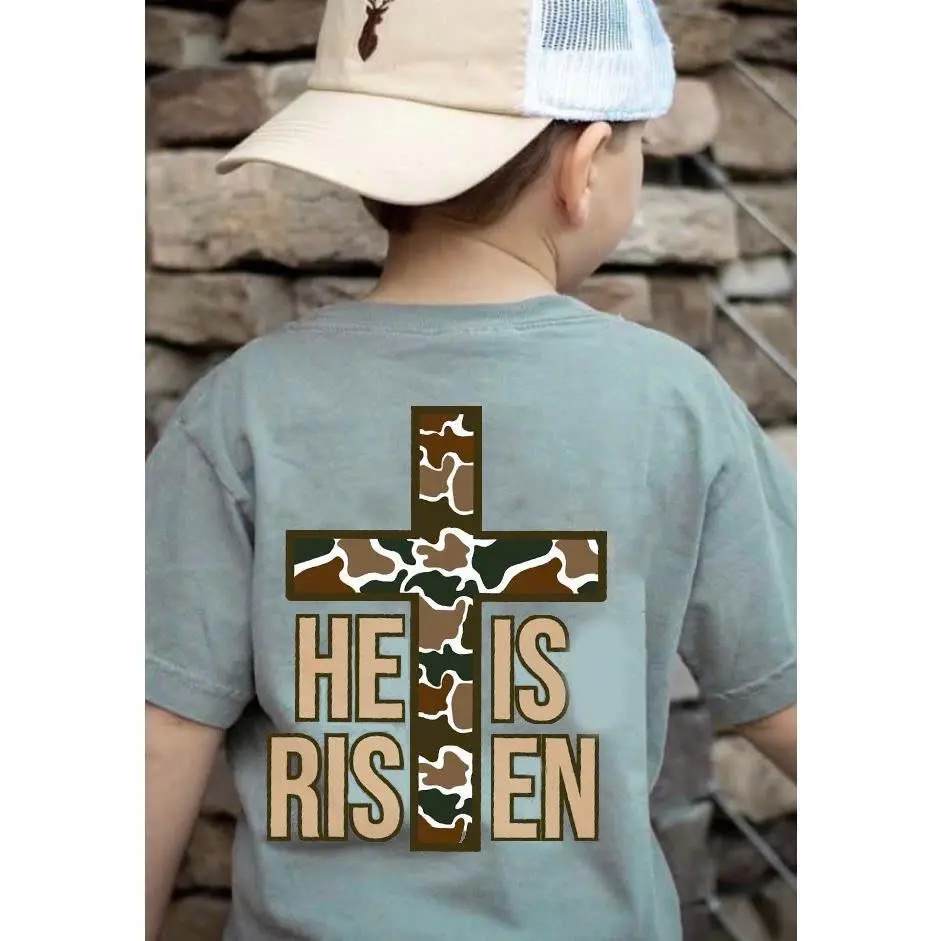 Adult & Youth Camo He is Risen Youth Tee, Youth Easter Gift, Easter Shirt, Boy tee, Boy clothes