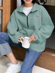 Patchwork Details Drop Shoulder Half-Zip Fleece Sweatshirt, Casual Loose Fit Basic Pullover for Fall & Winter, Women's Fashion Clothing, Everyday