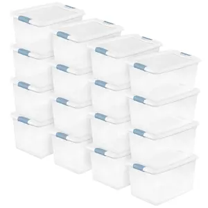 Sterilite 64Qt Latching Box Stackable Storage Container with Lid, White, 16 Pack