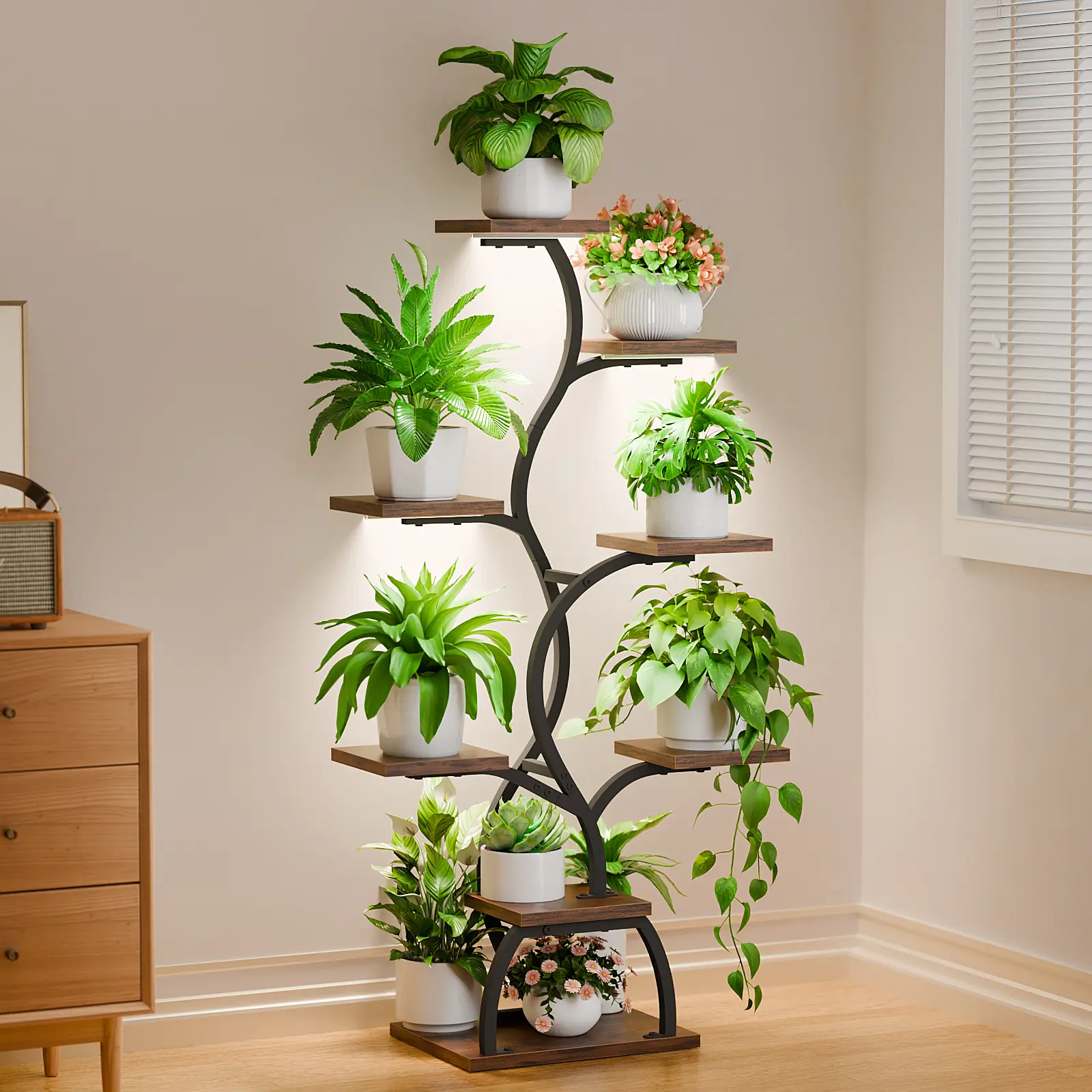 POZILAN 8-Tier 65" Corner Metal Plant Stand with Adjustable Grow Lights, Screwdriver-Included Storage Organiser for Multiple Plant Pots, Leaf-Themed Home Decor Ideal for Holidays Gifts for Friends