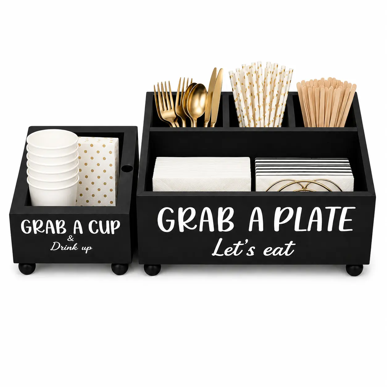 Wooden Kitchen Countertop Organizer Set - 2 Paper Plate Dispensers, Cup Holders, Labeled Multifunctional Cutlery Storage Box for Forks, Knives, Napkins, Ideal for Parties, Camping