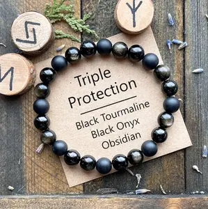 Handmade Natural 6mm Black Tourmaline Obsidian Onyx Beads Healing Triple Protection Beaded Crystal Energy Men Women Luck Bracelet