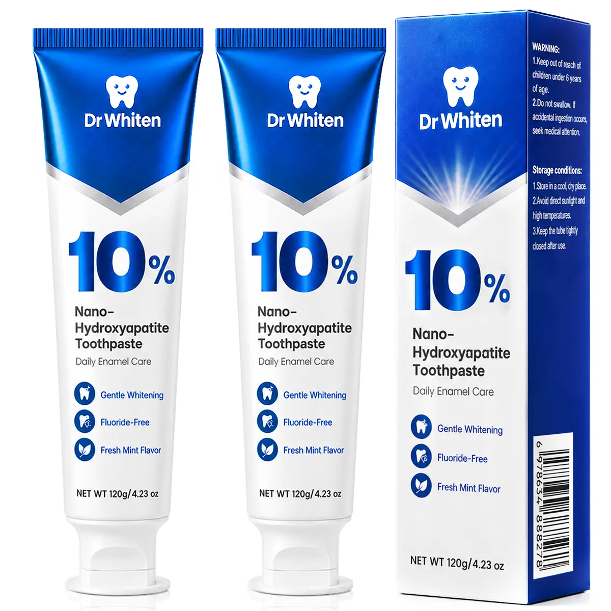 DrWhiten 10% Nano-Hydroxyapatite Toothpaste | 10nHAP Dentist-Recommended Fluoride-Free Formula | Enamel Repair & Gentle Whitening | For Sensitive Teeth | Fresh Mint & Fresh Breath 4.23 oz