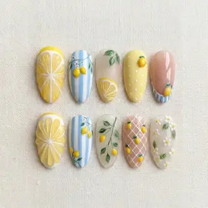 Summer Lemon Press On Nails, Fresh Citrus Nail Set, Yellow Blue Nails, Cute 3D Fruit Nails, Spring Summer Nails, Handmade Gel Nails