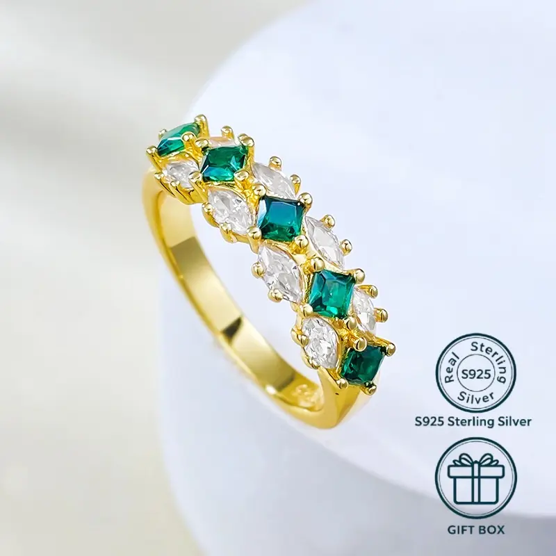 Women's 18K Gold-Plated Lab-Grown Emerald Channel-Set Row Ring, Solid S925 Sterling-Silver Band, Hypoallergenic Stackable Costume Jewelry, Ideal Gift for Daily Wear & Party Occasions