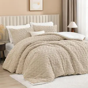Sherpa  Comforter Set, Super Soft Beige Fleece Warm Bedding for Winter, Luxury Jacquard Boho Thick Fuzzy Plush Bed Set 3 count(1 Shaggy Comforter, 2 Pillowcases)
