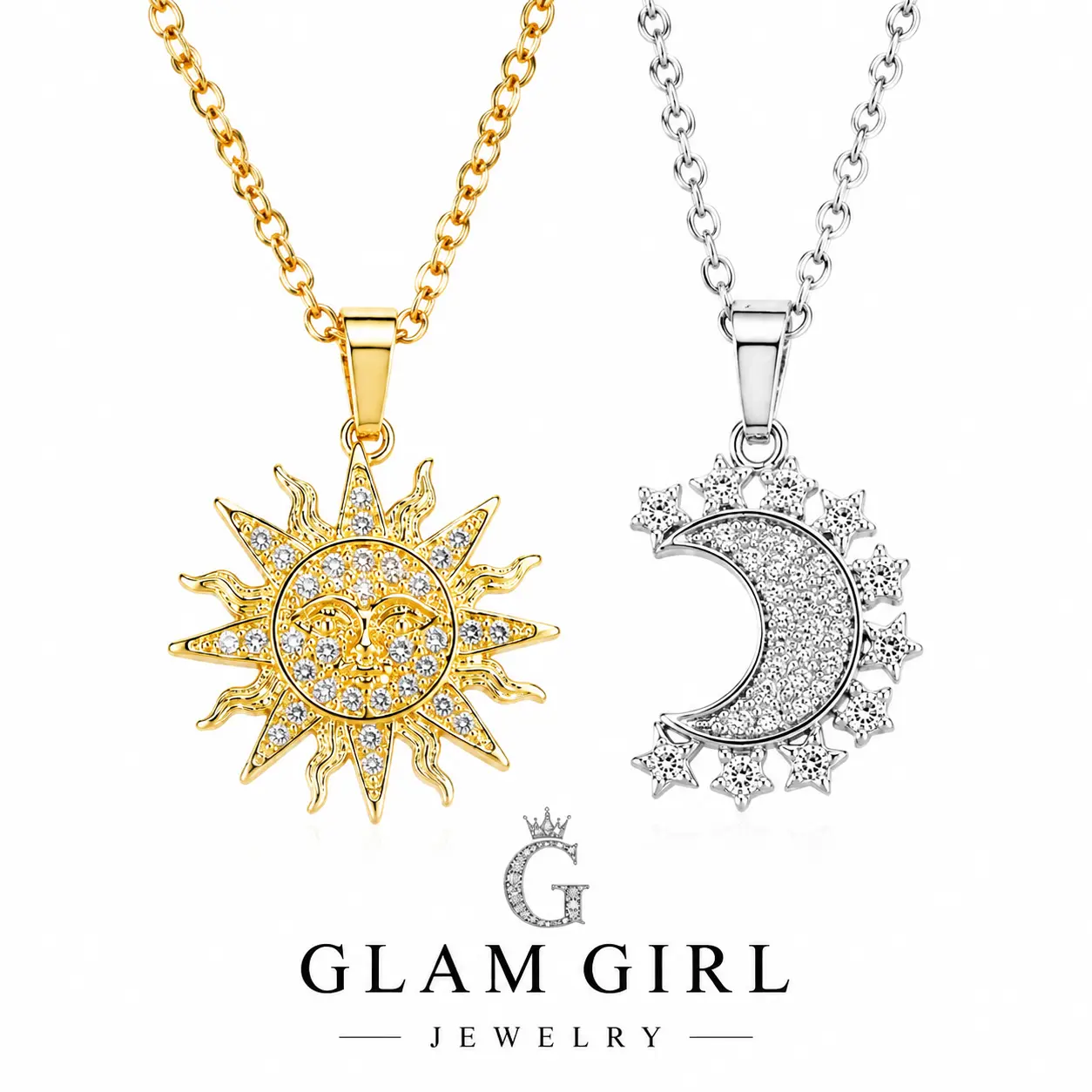 Magnetic Sun Moon Necklace for Women, 360° Rotating Pendant Necklace, Sparkling Zircon Crystal Celestial , Gold & Silver Couple Layered Necklace season jewelry
