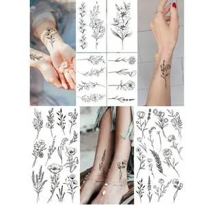 6pcs Temporary Flower Tattoo Stickers, Sketch Floral Designs for Legs, Ankles, Clavicles & Neck, Casual Style Body Art Decorations, Temporary Fake Tattoo