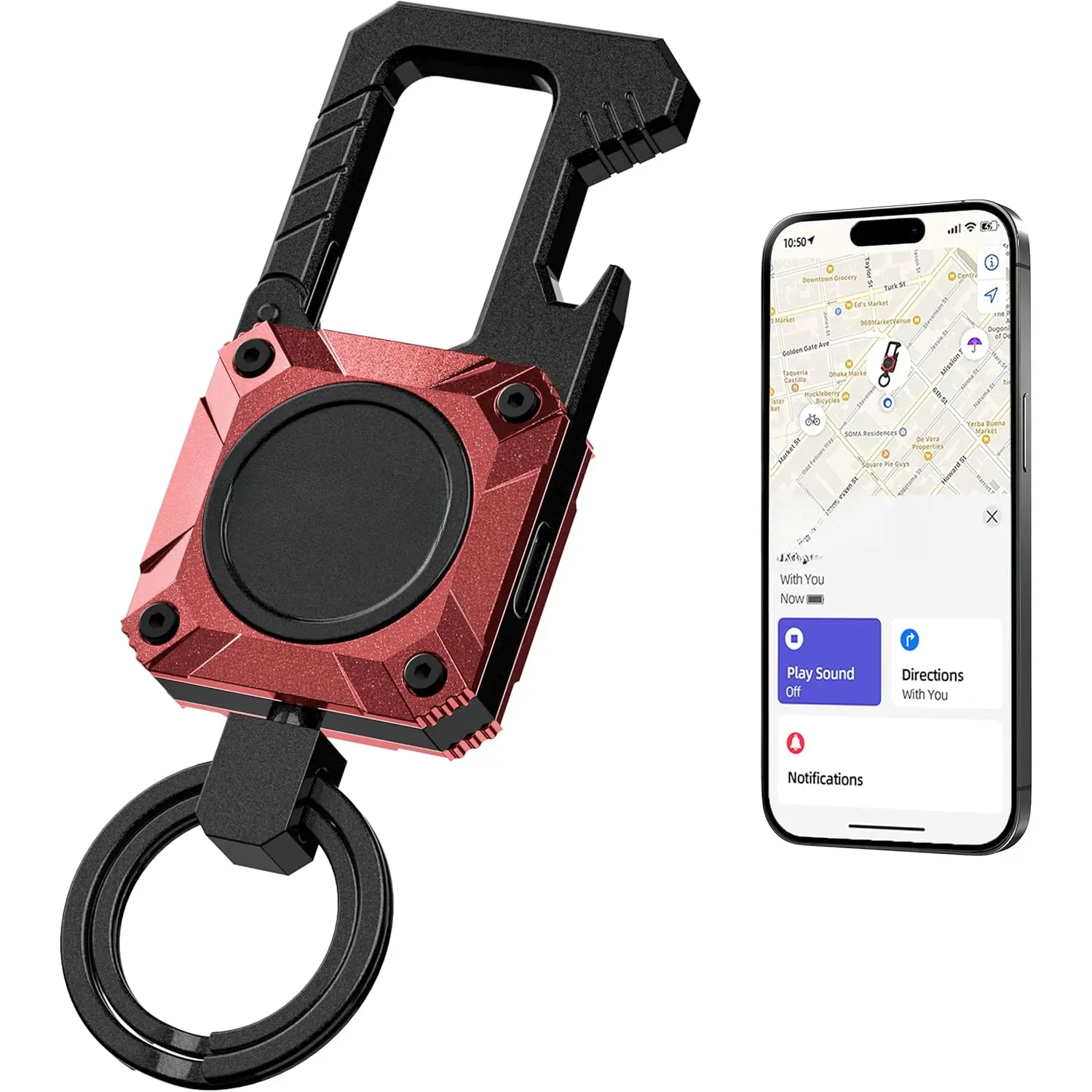 , Works with  Find My, Heavy Duty Key chain Bottle Opener, Carabiner  Key Chains with Gps , Key Finder,   for Luggage, , Bags and More, Rechargeable, Red