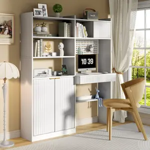 63" Tall Computer Desk with Hutch Fluted Wood Design Featuring Charging Station Drawer & Storage Cabinet for Home Office Work Study