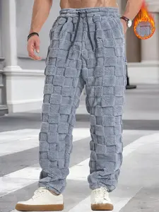 Men's Straight-Leg Plaid Fleece Pants, Warm Sportswear for Fall & Winter, Casual Outerwear for Men, Long Trousers for Daily Wear, Casual Sporty Trousers