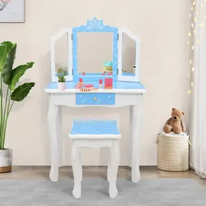 JOYMOR Kids Vanity Set, Wooden Princess Makeup Table with Stool, Tri-Folding Mirror, Large Drawer, Solid Wooden Legs Pretend Beauty Make Up Dressing Play Set for Girls Best Gift (White & Pink)