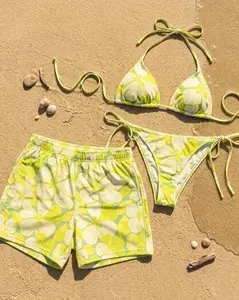 Matching Couple Swimsuits Tropical Floral, Honeymoon Beach Outfits, Romantic Anniversary Gift for Couple, Hawaii Style Bikini and Shorts Set