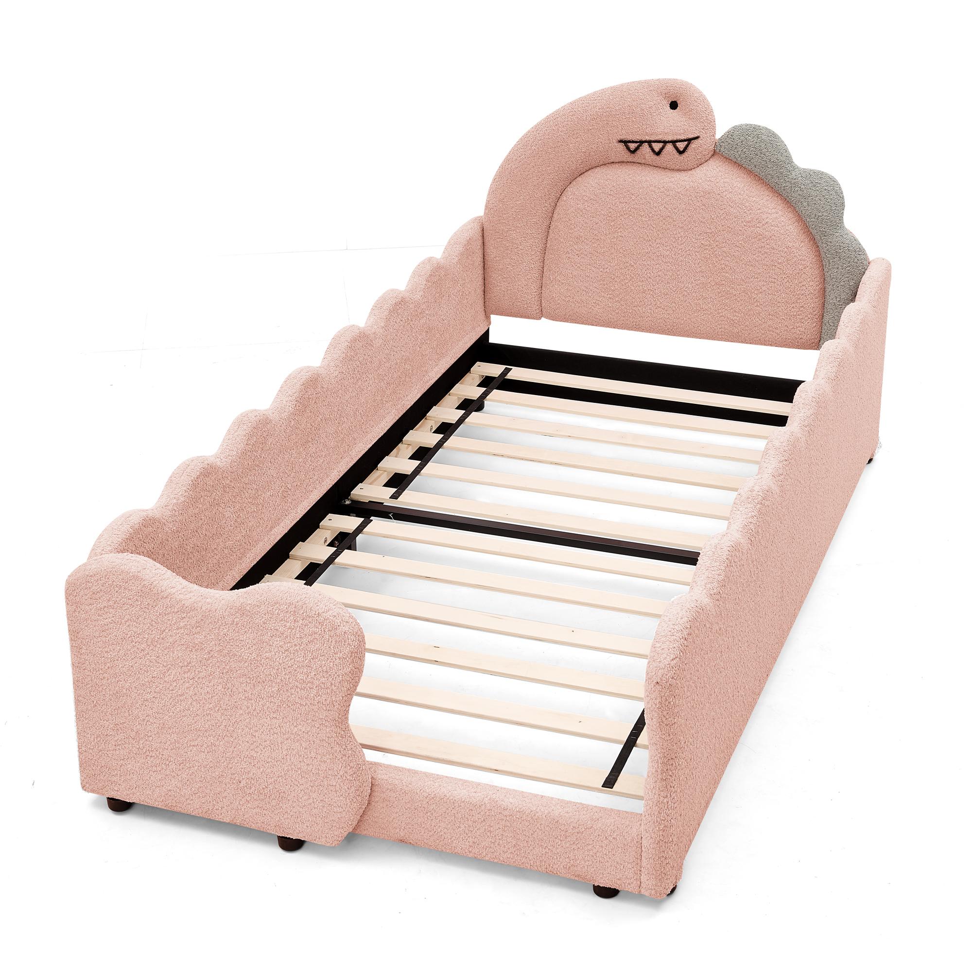 Twin Size Kids Daybed with Dinosaur-Shaped Headboard, Upholstered Boucle Fabric Bed with Safety Guardraild, Cute Kids Daybed for Girls Boys, Pink Twin Size Kids Daybed with Dinosaur-Shaped Headboard, Upholstered Boucle Fabric Bed with Safety Guardraild, Cute Kids Daybed for Girls Boys, Pink