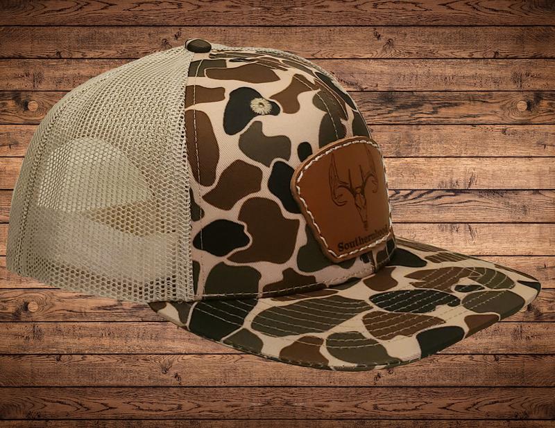 Leather Deer Skull Patch on Classic Duck Camo Hat.