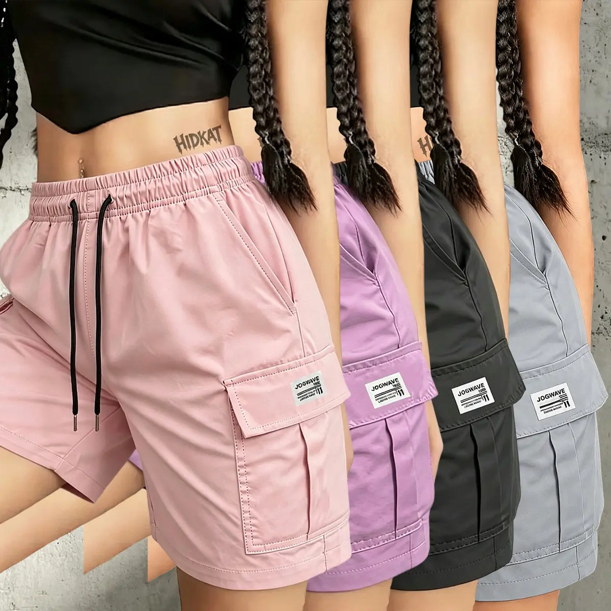 Women’s 4-piece summer fashion casual solid-color cargo pants set featuring a drawstring waist and pockets, minimalist large patch pocket design; suitable for outdoor leisure, sports, and everyday fashion wear.