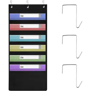 6-Pocket Hanging Wall File Organizer with 3 Hangers, Black Storage Pocket Chart for Door, Perfect for Home, Office, Classroom