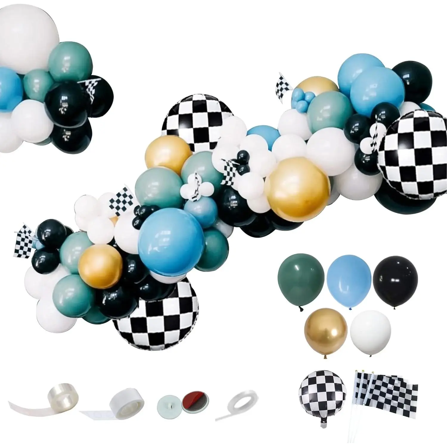 Race Car Balloons Garland Kit 88Pcs Retro Willow Green Matte Light Blue Black White Chrome Gold Balloons Tracking Flag for Racing Car Birthday Party Decor Backdrop