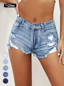 Women's Ripped Slash Pockets Denim Shorts, Casual Trendy Fitted Raw Hem Jean Shorts for Daily Wear, Ladies Summer Bottoms
