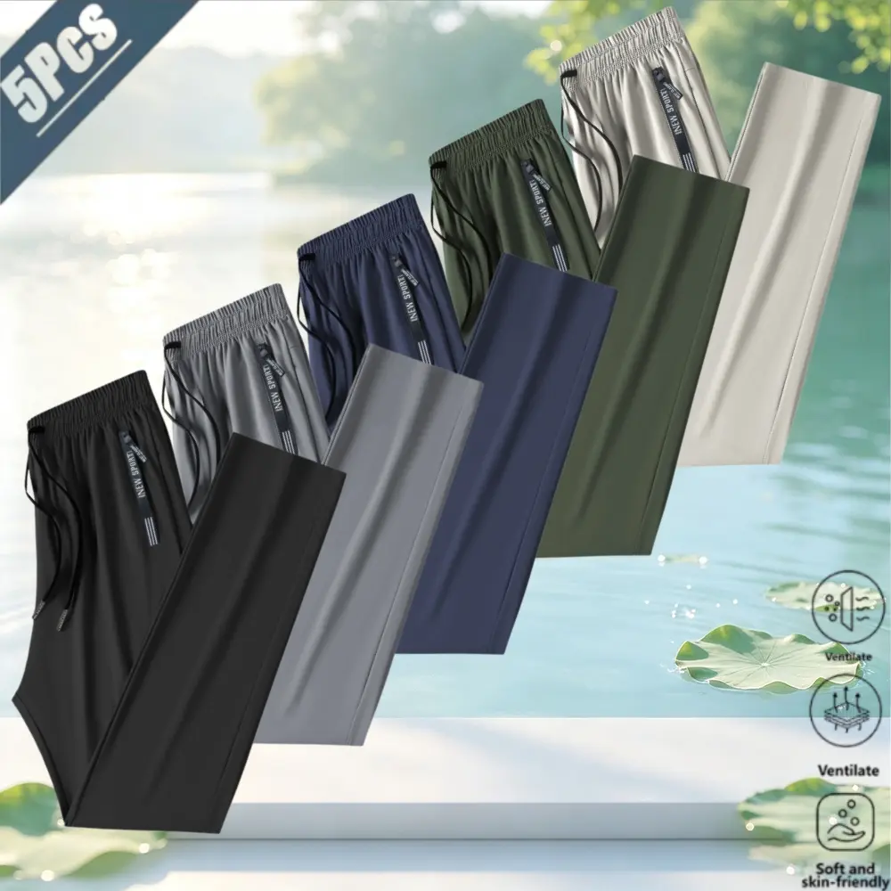 Men’s ice silk straight-leg casual pants in a minimalist European/American relaxed everyday style, featuring a drawstring waistband with webbing details; available in five colors, set of five pieces suitable for adult men and ideal for switching between d